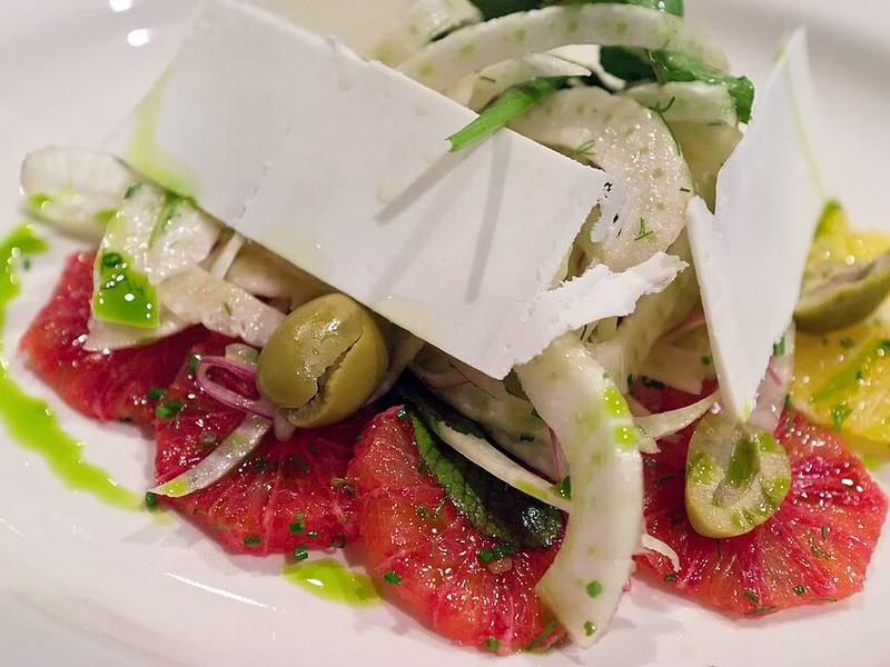 Shaved fennel salad with blood orange, olives and shaved cheese