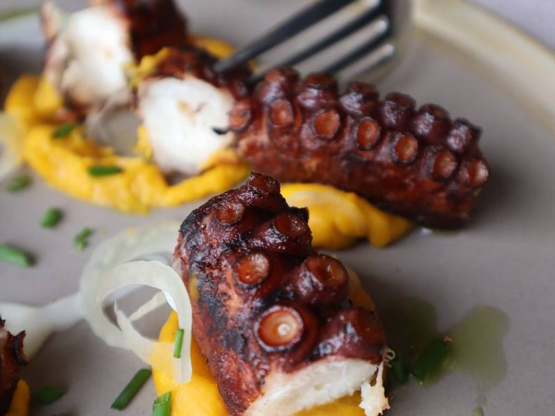 Charred grilled octopus tentacle served on a purée with herb oil